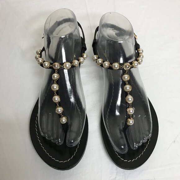 Tory Burch Emmy Size 8 Pearl and Black Leather Strap Sandals
